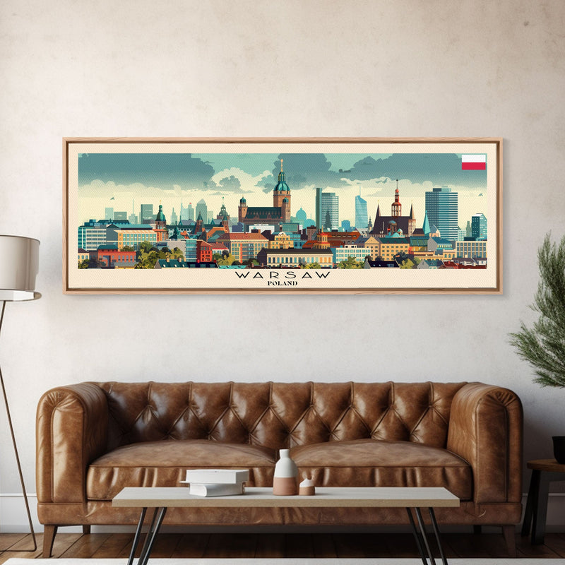 Warsaw Poland Travel Art, City Art, Framed Canvas Print or Metal Wall Art, Europe Travel Poster, Panoramic Wall Art, Extra Wide Wall Art