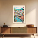 Bergen Norway Travel Poster Framed Canvas Print, Midcentury Modern Art, Pop Art Wall Decor, Home Decor, Vacation Gift, Living Room Art