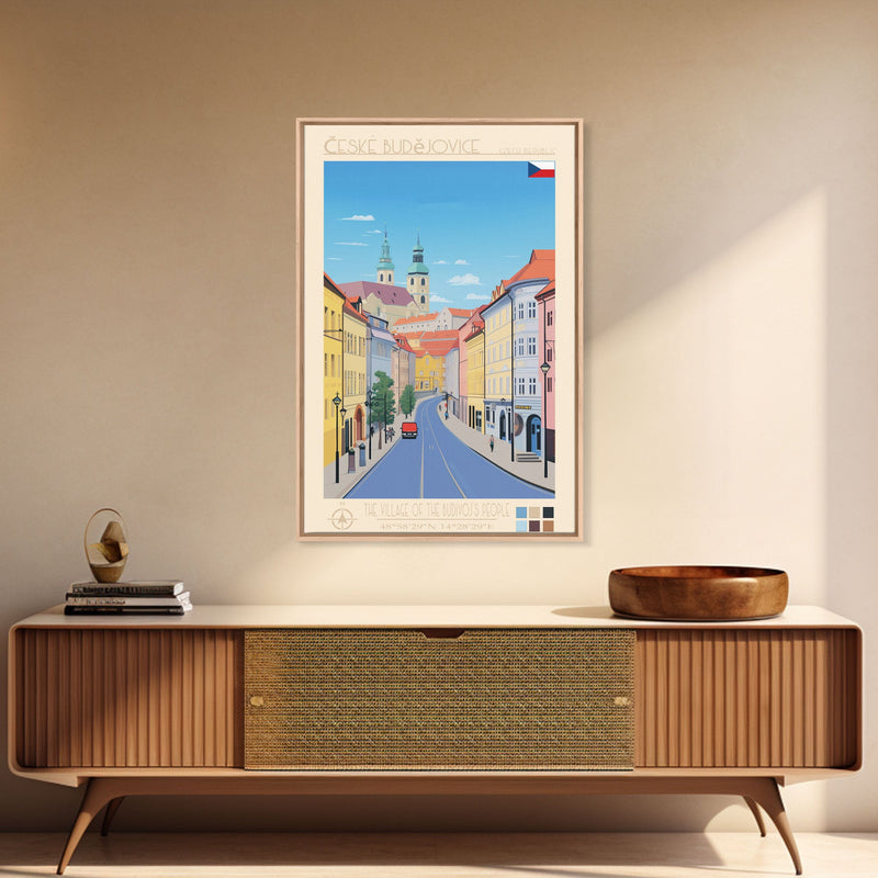 ÄŒeskÃ© BudÄ›jovice Czech Republic Travel Poster Framed Canvas Print, Midcentury Modern Art, Pop Art Decor, Living Room Wall Art