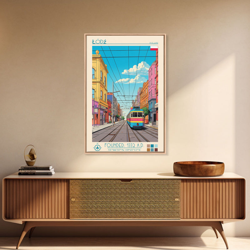 ÅÃ³dÅº Poland Travel Poster Framed Canvas Print, Midcentury Modern Art, Pop Art Decor, Living Room Wall Art, Vacation Gift, Home Decoration