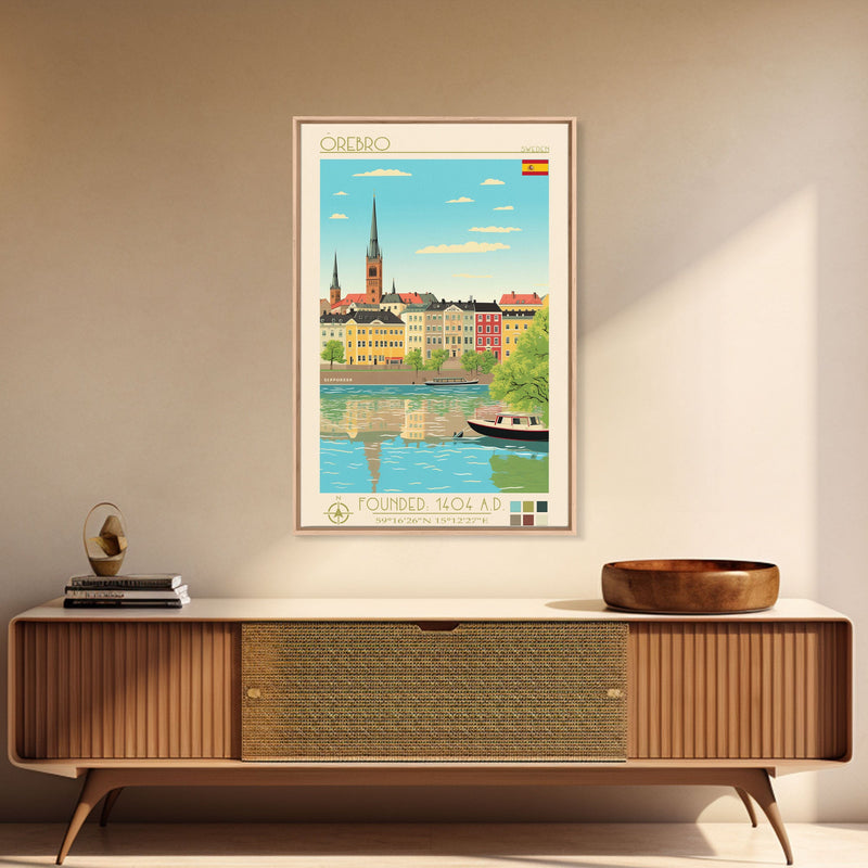 Ã–rebro Sweden Travel Poster Framed Canvas Print, Midcentury Modern Art, Pop Art Wall Decor, Living Room Art, Home Decoration