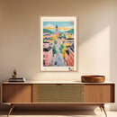 Pécs Hungary Travel Poster Framed Canvas Print, Midcentury Modern Art, Pop Art Wall Decor, Living Room Art, Home Decoration