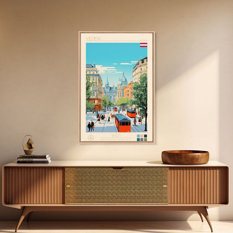 Vienna Austria Travel Poster Framed Canvas Print, Midcentury Modern Art, Pop Art Wall Decor, Living Room Art, Scenic Wall Art