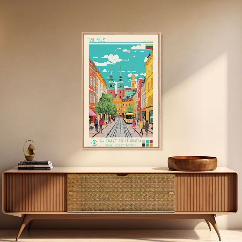 Vilnius Lithuania Travel Poster Framed Canvas Print, Midcentury Modern Art, Pop Art Wall Decor, Living Room Art, Home Decoration