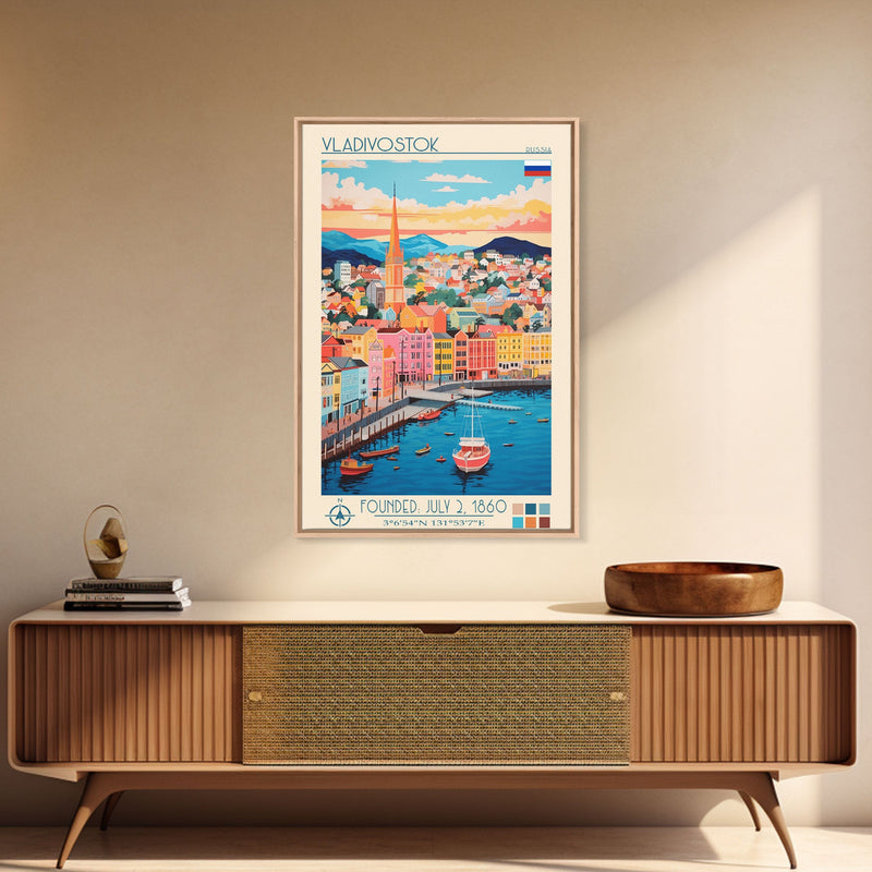 Vladivostok Russia Travel Poster Framed Canvas Print, Midcentury Modern Art, Pop Art Wall Decor, Living Room Art, Vacation Gift