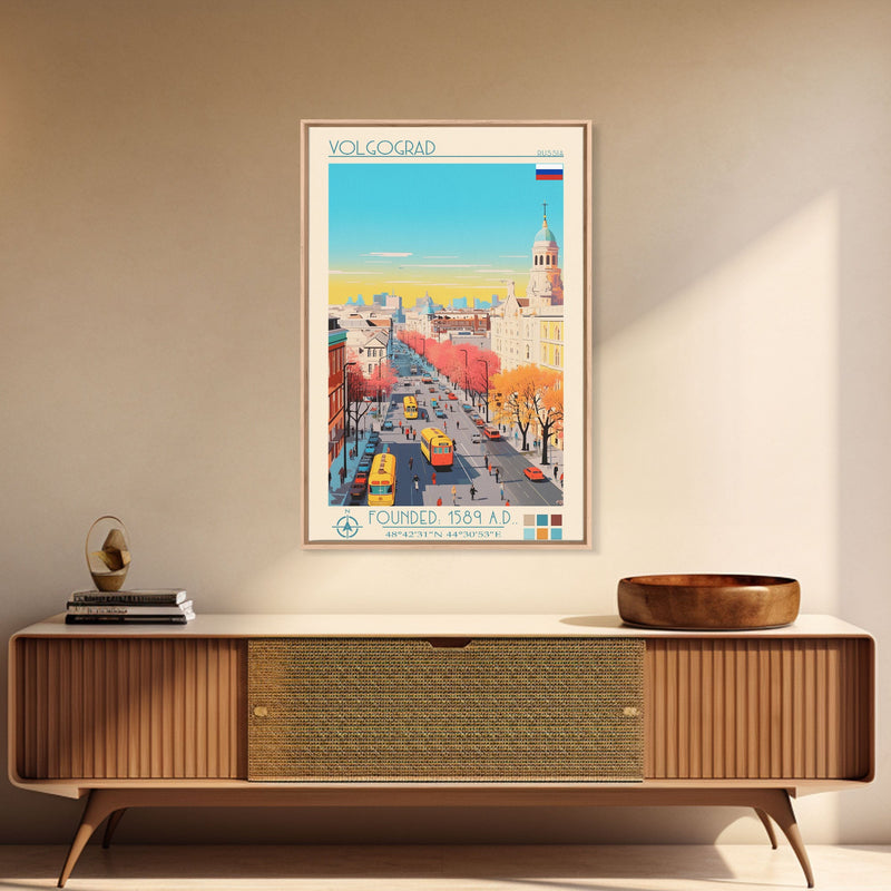 Volgograd Russia Travel Poster Framed Canvas Print, Midcentury Modern Art, Pop Art Wall Decor, Living Room Art, Scenic Wall Art