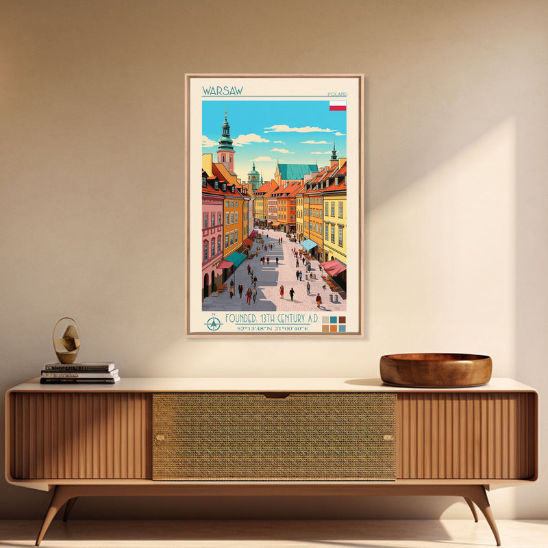 Warsaw Poland Travel Poster Framed Canvas Print, Midcentury Modern Art, Pop Art Wall Decor, Living Room Art, Scenic Wall Art