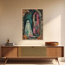 Ghostly Figure at Haunted Door Framed Canvas Print, Halloween Spirit Decor, Spooky Ghost Art, Haunted House Wall Art, Creepy Ghostly Print