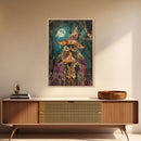 Ghostly Wizard Having A  Slice of Pizza, Funny Halloween Decor, Framed Canvas Print