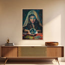Enchanting Fortune Teller with Crystal Ball Under Moonlight - Mystical Witchcraft Framed Canvas Print, Halloween Gothic Home Decor