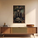 Mystical Witch with Deer in Enchanted Forest - Halloween Art Framed Canvas Print, Spooky Home Wall Decor