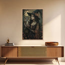 Mysterious Witch with Owl Companion - Moonlit Enchantment, Mystical Beauty Framed Canvas Print, Halloween Wall Art