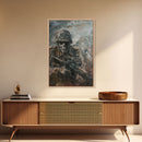 Skeletal Soldier in Battle - Haunting War Scene Gothic Art Framed Canvas Print, Spooky Halloween Decor