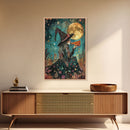 Spring Witch and Her Slice Of Pizza, Framed Canvas Print, Cute / Funny Halloween Art