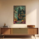 Haunted Mansion On Halloween, Framed Canvas Print, Spooky Vibes Wall Art