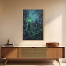 Spooky Cemetery with Glowing Lights Framed Canvas Print, Wall Art, Halloween Graveyard Art, Eerie Home Decor, Haunted Forest Painting