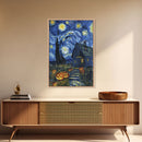 Spooky Starry Night with Jack-O-Lanterns Framed Canvas Print, Halloween Wall Art, Starry Night Inspired, Home Decor, Spooky Art, Living Room
