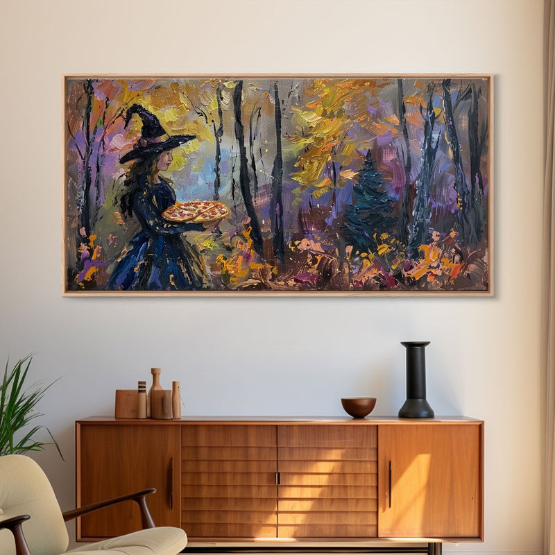 Witch Having A Pizza Party For One In The Haunted Forest, Framed Canvas Print, Funny Halloween Art