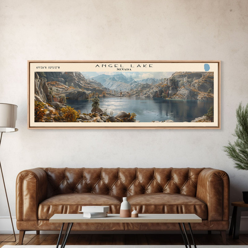 Angel Lake Nevada Panoramic Framed Canvas Print, Lake House Art, Boho Decor, Travel Poster, Nature Wall Art, Serene Scene