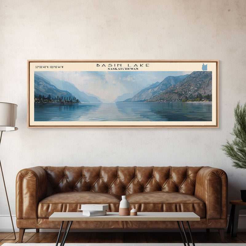 Basin Lake Panoramic Framed Canvas Print, Lake House Decor, Scenic Painting, Travel Poster, Rustic Art, Nature Wall Art