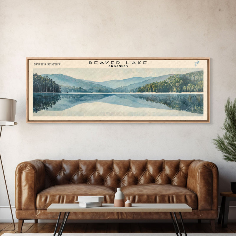 Beaver Lake Arkansas Framed Canvas Print, Panoramic Lake House Decor, Scenic Painting, Travel Poster, Rustic Art, Nature Wall Art