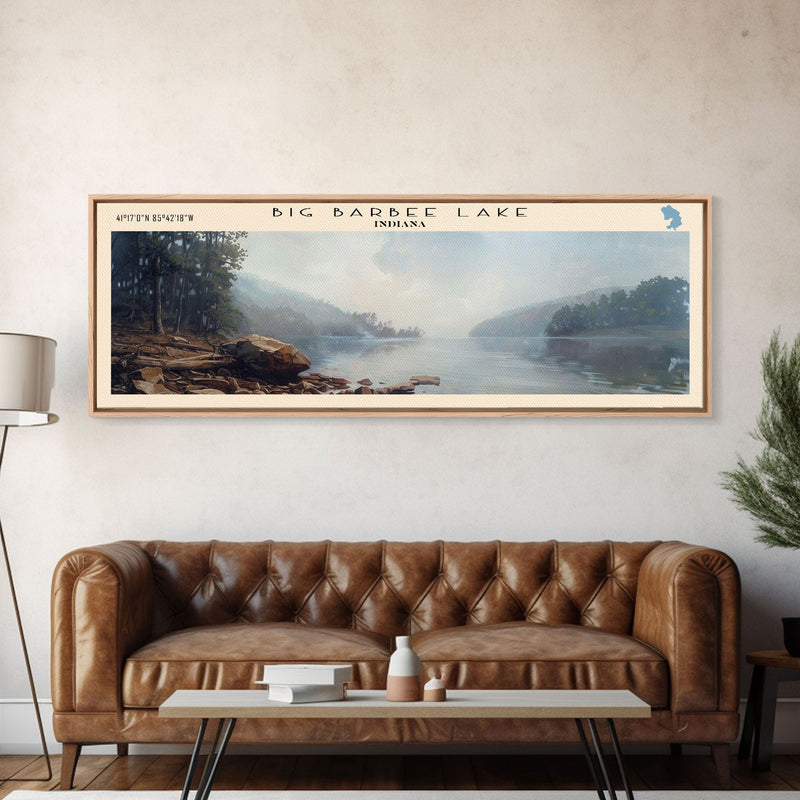 Big Barbee Lake Indiana Framed Canvas Print, Panoramic Lake House Art, Scenic Painting, Travel Poster, Rustic Decor, Nature Scene