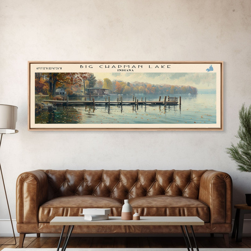 Big Chapman Lake Indiana Framed Canvas Print, Panoramic Lake House Art, Scenic Painting, Travel Poster, Rustic Art, Water Reflection