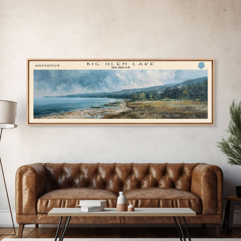 Big Glen Lake Michigan Framed Canvas Print, Lake House Decor, Panoramic Scenic View, Travel Poster, Rustic Art, Lake Painting