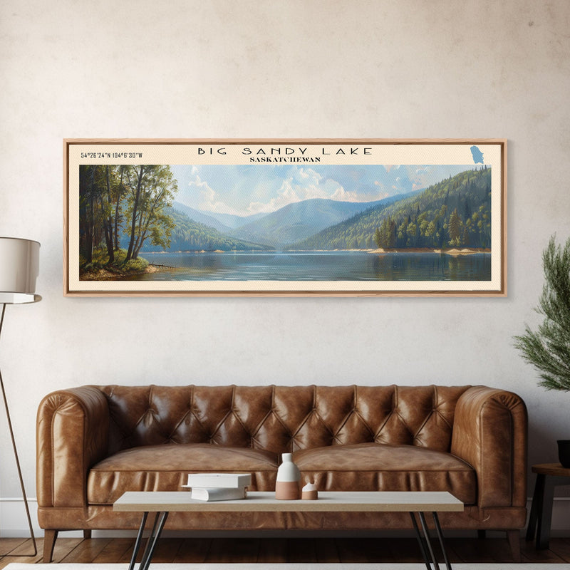 Big Sandy Lake Framed Canvas Print, Lake House Art, Panoramic Travel Poster, Scenic View, Modern Decor, Lake Painting