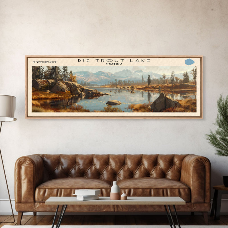 Big Trout Lake Framed Canvas Print, Lake House Art, Panoramic Scenic View, Travel Poster, Minimalist Wall Art, Lake Painting