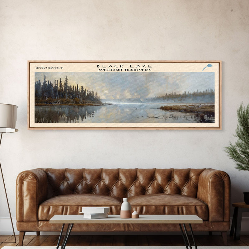 Black Lake Canada Northwest Territories Framed Canvas Print, Panoramic Lake House Art, Scenic View, Travel Poster, Lake Painting