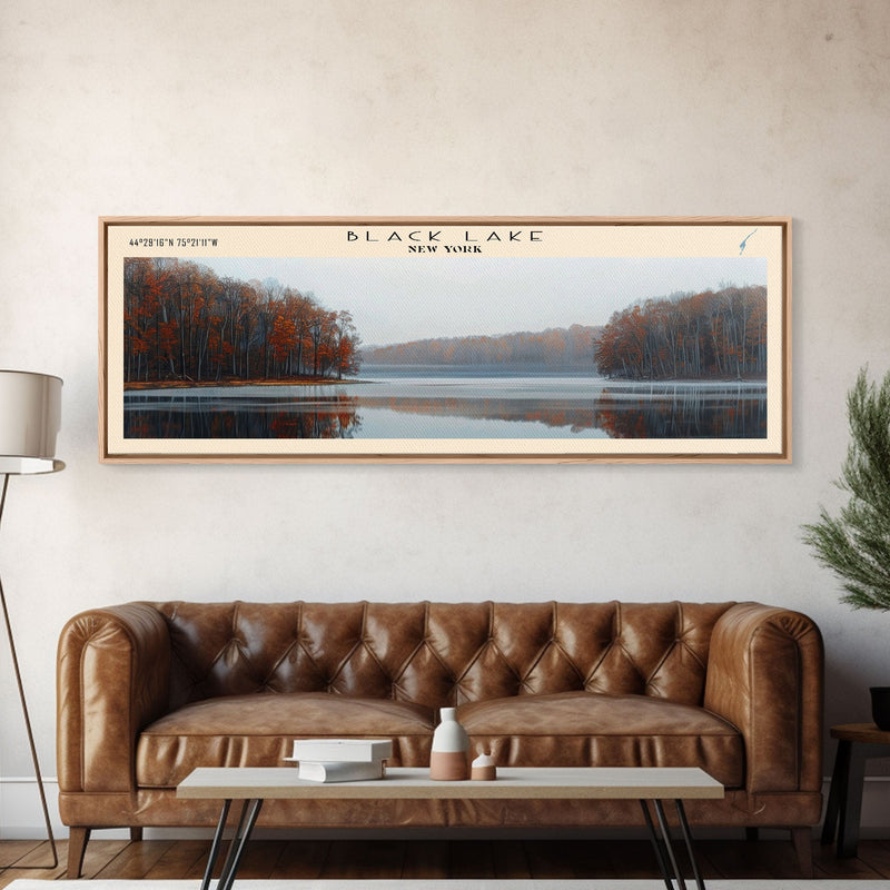 Black Lake New York Framed Canvas Print, Lake House Decor, Panoramic Scenic View, Travel Poster, Modern Art, Lake Painting