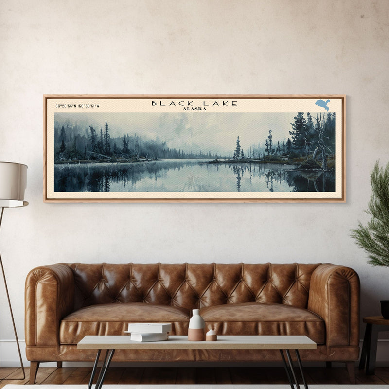 Black Lake USA SW Alaska Framed Canvas Print, Lake House Art, Panoramic Scenic View, Travel Poster, Rustic Art, Lake Painting