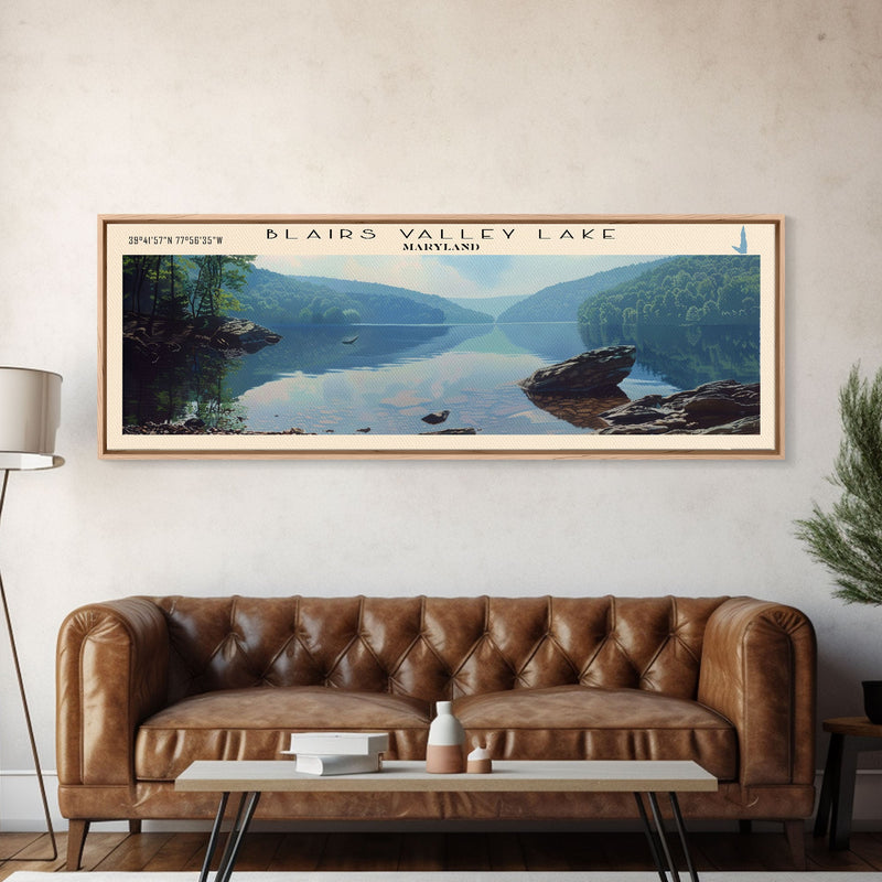 Blairs Valley Lake Maryland Framed Canvas Print, Panoramic Lake House Decor, Scenic View, Travel Poster, Rustic Art, Lake Painting