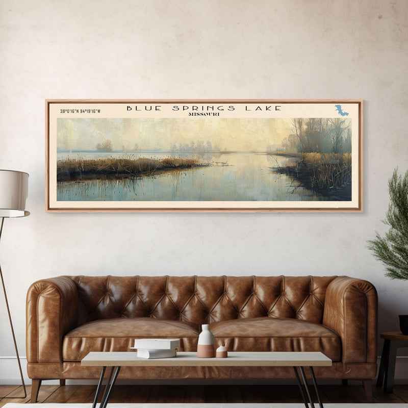 Blue Springs Lake Missouri Framed Canvas Print, Lake House Art, Panoramic Scenic View, Travel Poster, Minimalist Art, Lake Painting