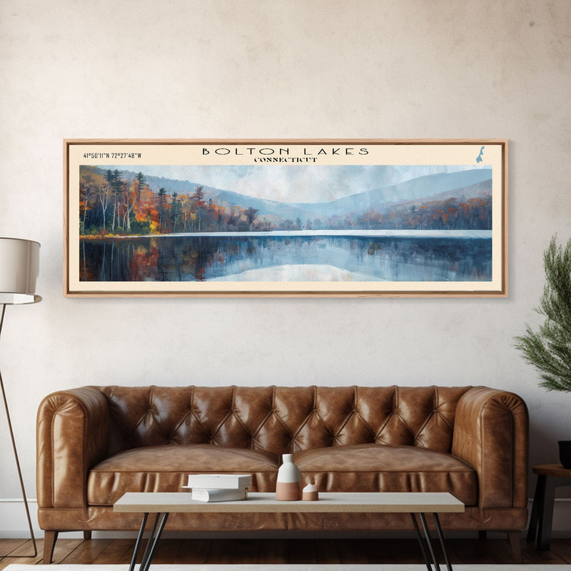 Bolton Lakes Connecticut Framed Canvas Print, Panoramic Lake House Art, Scenic View, Travel Poster, Modern Art, Lake Painting