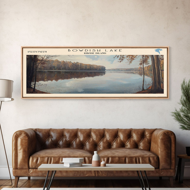 Bowdish Lake Rhode Island Framed Canvas Print, Lake House Art, Panoramic Travel Poster, Wall Art, Modern Lake Painting, Home Decor