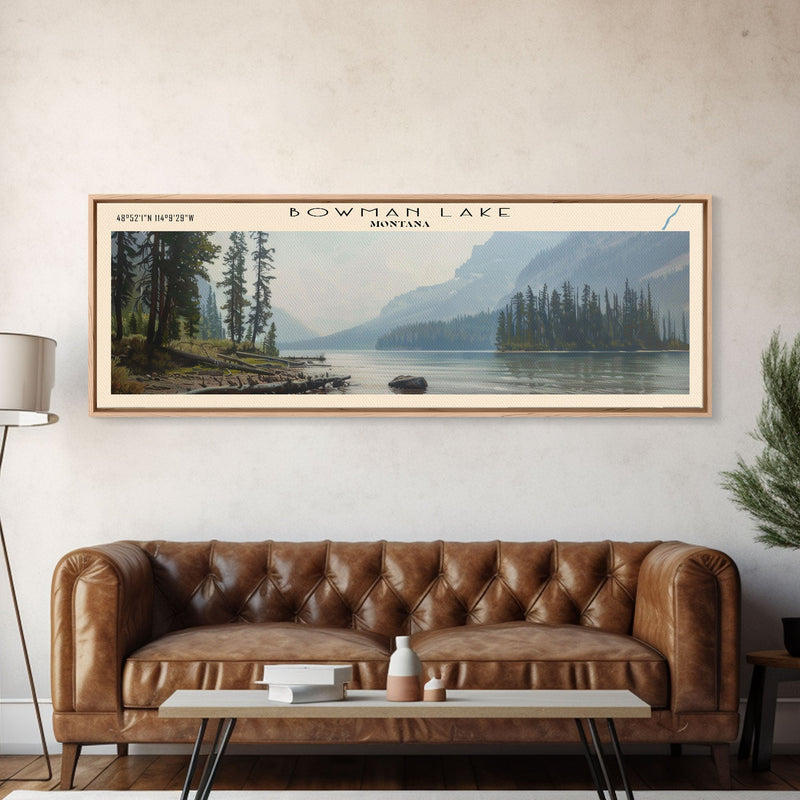 Bowman Lake Montana Framed Canvas Print, Panoramic Lake House Decor, Wall Art, Travel Poster, Rustic Lake Painting, Nature Art