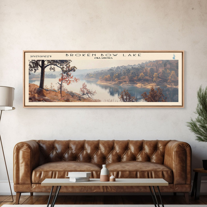 Broken Bow Lake Oklahoma Framed Canvas Print, Panoramic Lake House Art, Wall Art, Travel Poster, Modern Lake Painting, Nature Art