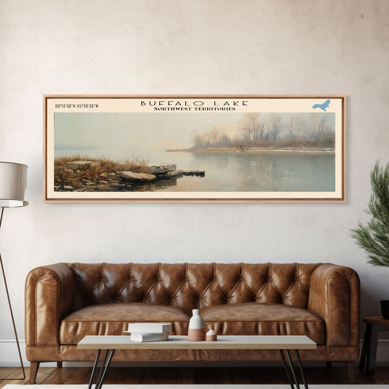 Buffalo Lake Framed Canvas Print, Panoramic Lake House Decor, Wall Art, Travel Poster, Modern Lake Painting, Nature Art