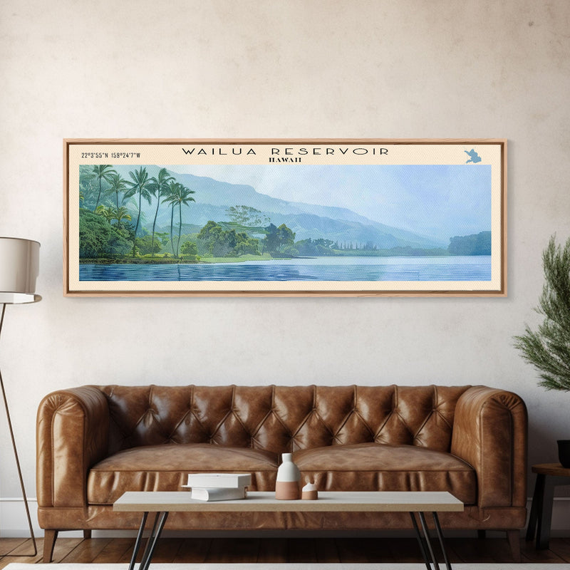 Wailua Reservoir Hawaii Panoramic Wall Art, Framed Canvas Print, Lake House Decor, Travel Poster, Serene Landscape, Living Room Art