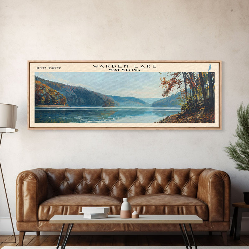 Warden Lake West Virginia Panoramic Wall Art, Framed Canvas Print, Lake House Decor, Travel Poster, Scenic Lake Scene, Living Room Art