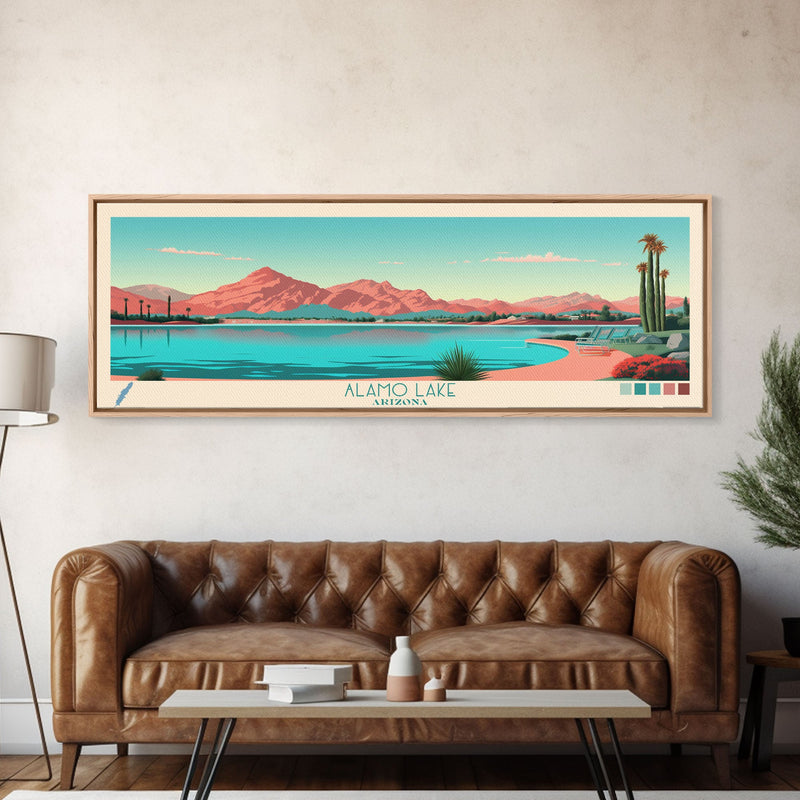 Alamo Lake Arizona Framed Canvas Print, Panoramic Travel Poster, Midcentury Modern Wall Art, Pop Art, Scenic Bedroom Art