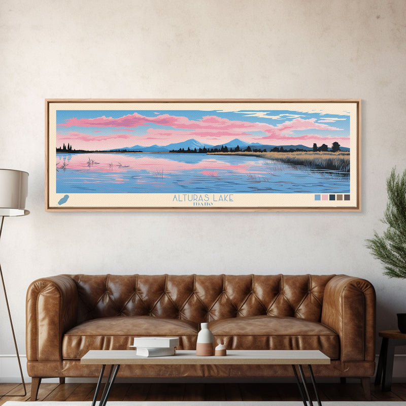 Alturas Lake Idaho Framed Canvas Print, Panoramic Wall Art, Midcentury Modern, Pop Art, Travel Poster, Lake House Decor