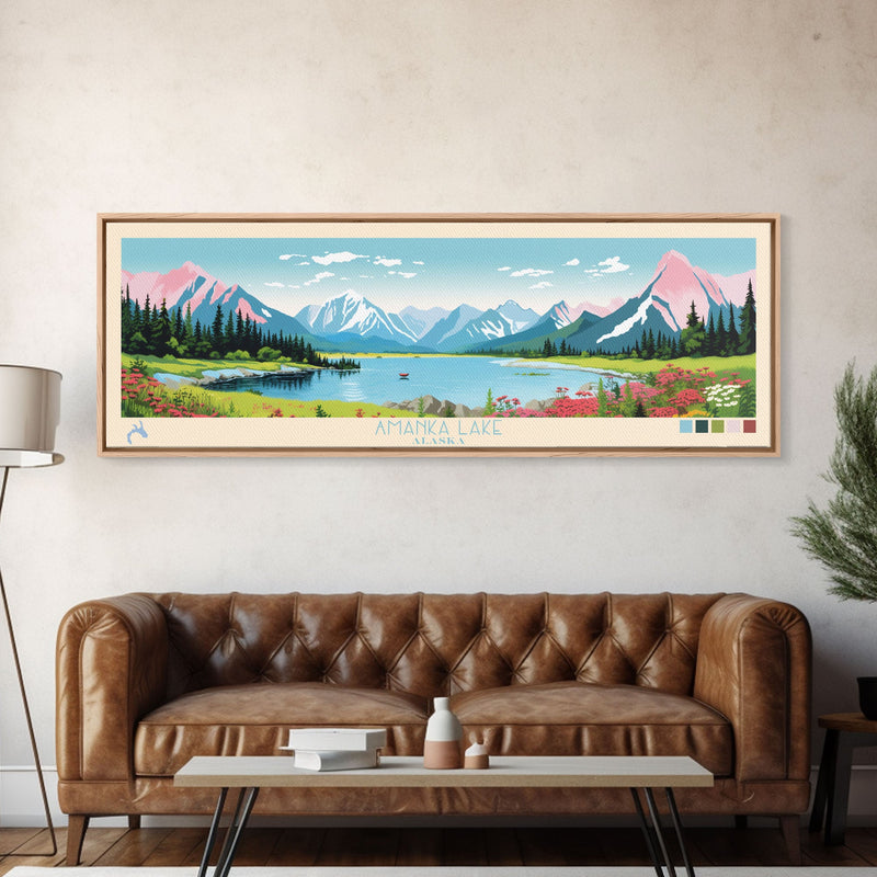 Amanka Lake Alaska Framed Canvas Print, Panoramic Wall Art, Midcentury Modern, Pop Art, Travel Poster, Living Room Art