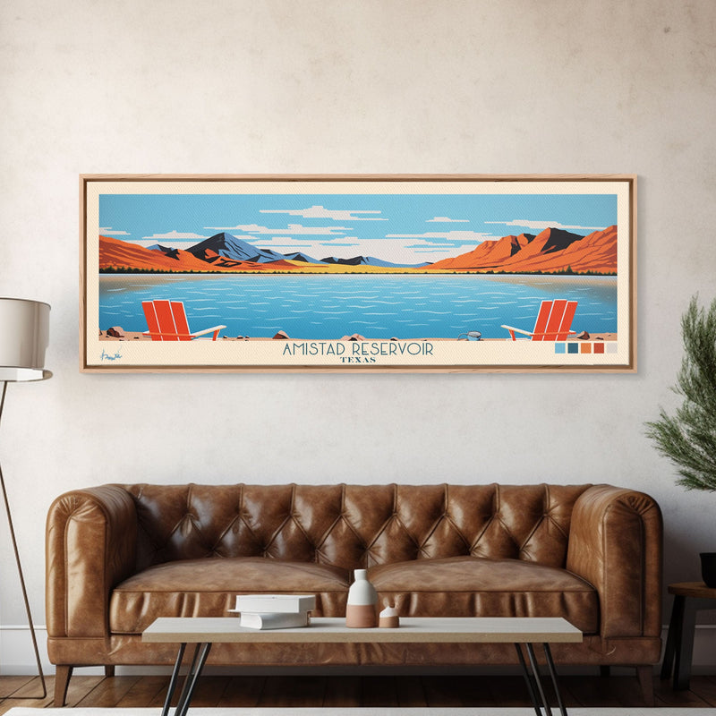 Amistad Reservoir Texas Framed Canvas Print, Panoramic Travel Poster, Midcentury Modern Wall Art, Pop Art, Nature Bedroom Decor