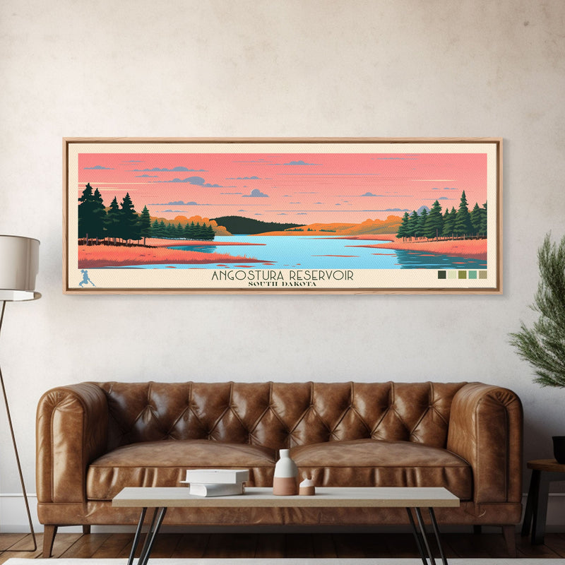 Angostura Reservoir South Dakota Framed Canvas Print, Panoramic Travel Poster, Midcentury Modern Wall Art, Pop Art, Lake House Decor