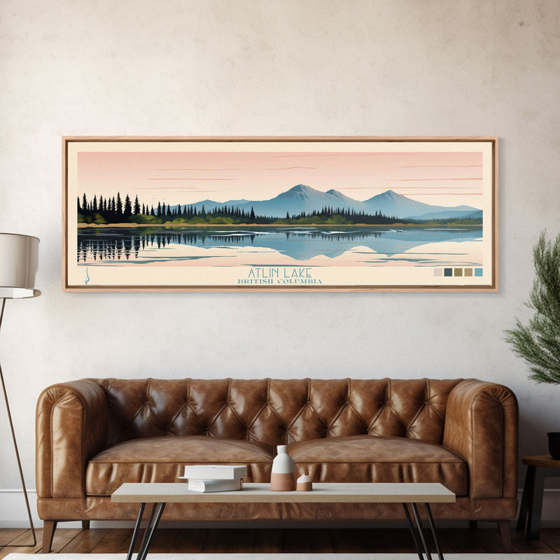 Atlin Lake British Columbia Framed Canvas Print, Panoramic Travel Poster, Midcentury Modern Wall Art, Pop Art, Bedroom Decor