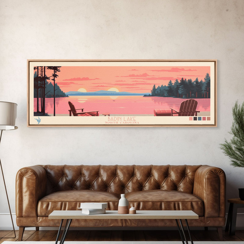 Badin Lake North Carolina Framed Canvas Print, Panoramic Wall Art, Midcentury Modern, Pop Art, Travel Poster, Scenic Bedroom Art