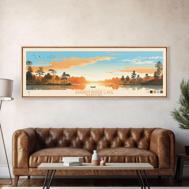 Barren River Lake Kentucky Framed Canvas Print, Panoramic Travel Poster, Midcentury Modern Wall Art, Pop Art, Lake House Decor